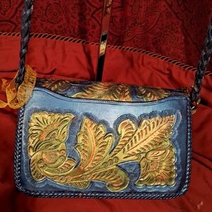Farout Handpainted Blue And Gold Floral Crossbody Bag